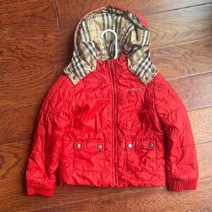 Burberry Red Kids Puffer Jacket with Plaid Hood